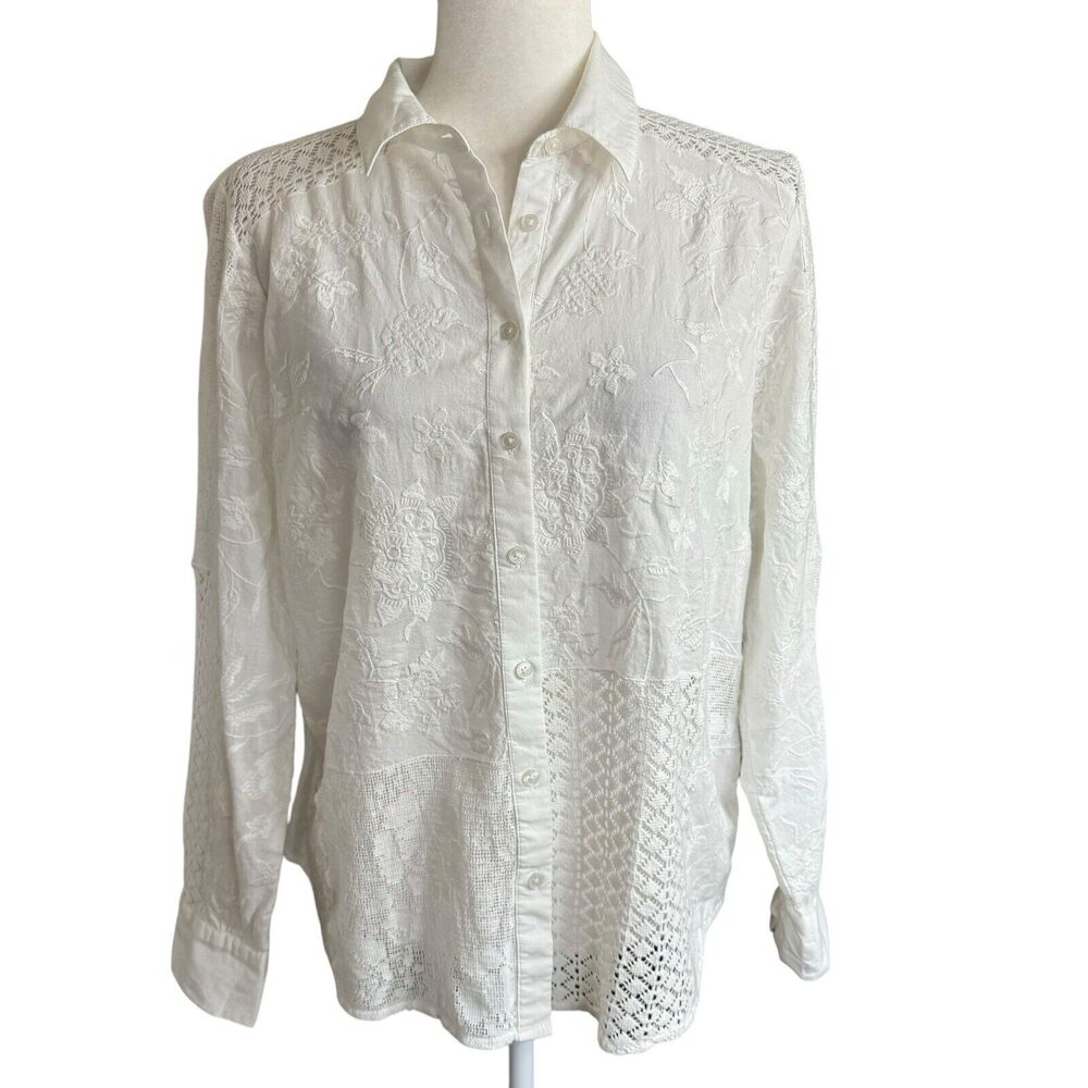 ECRU Streep Patchwork Embroidery Shirt Ivory Large Boho Feminine Floral Boho
